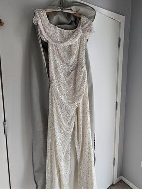 Asos Elegant Off The Shoulder Sequined Evening Gown in Ivory